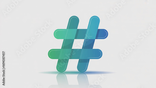 A blue and green hashtag symbol with a gradient effect, casting a soft shadow on a clean, bright