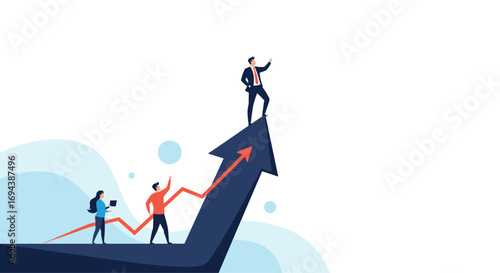 Business professionals climbing a steep upward arrow symbolizing growth strategy and achieving success together