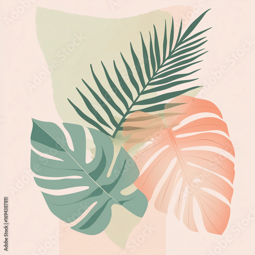 Tropical leaves in pastel tones with soft gradients on background  