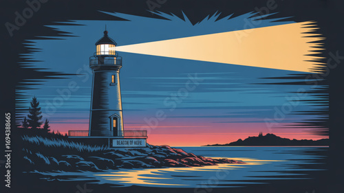 A vector illustration of a lighthouse on a rocky coast at night, with a beam of light shining out to sea in the darkness