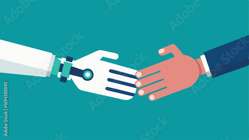 Bionic Hand A closeup of a bionic hand reaching out to shake hands with a human showcasing the blend of technology and humanity in a friendly manner.