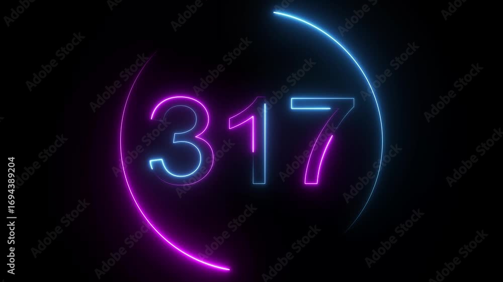 A dynamic circular animation, and glowing neon number 317 animation . on a black background. and creating a stunning video.4k video