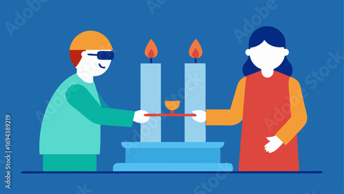 Candle Lighting Ceremony A visually impaired person participating in a candle lighting ceremony at a temple guided by a friend emphasizing participation and inclusion.