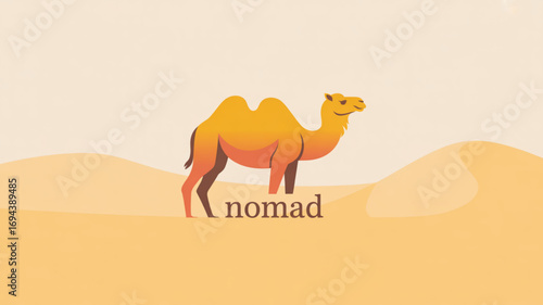 Nomad logo template featuring a camel in the desert, perfect for travel agencies and desert tour companies, on beige background