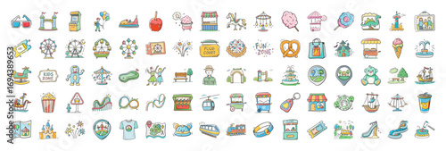 Theme park rides and carnival food vector icons - Collection of colorful vector icons representing theme parks and carnivals, including rides, roller coasters, snacks, tickets, balloons, and fun games
