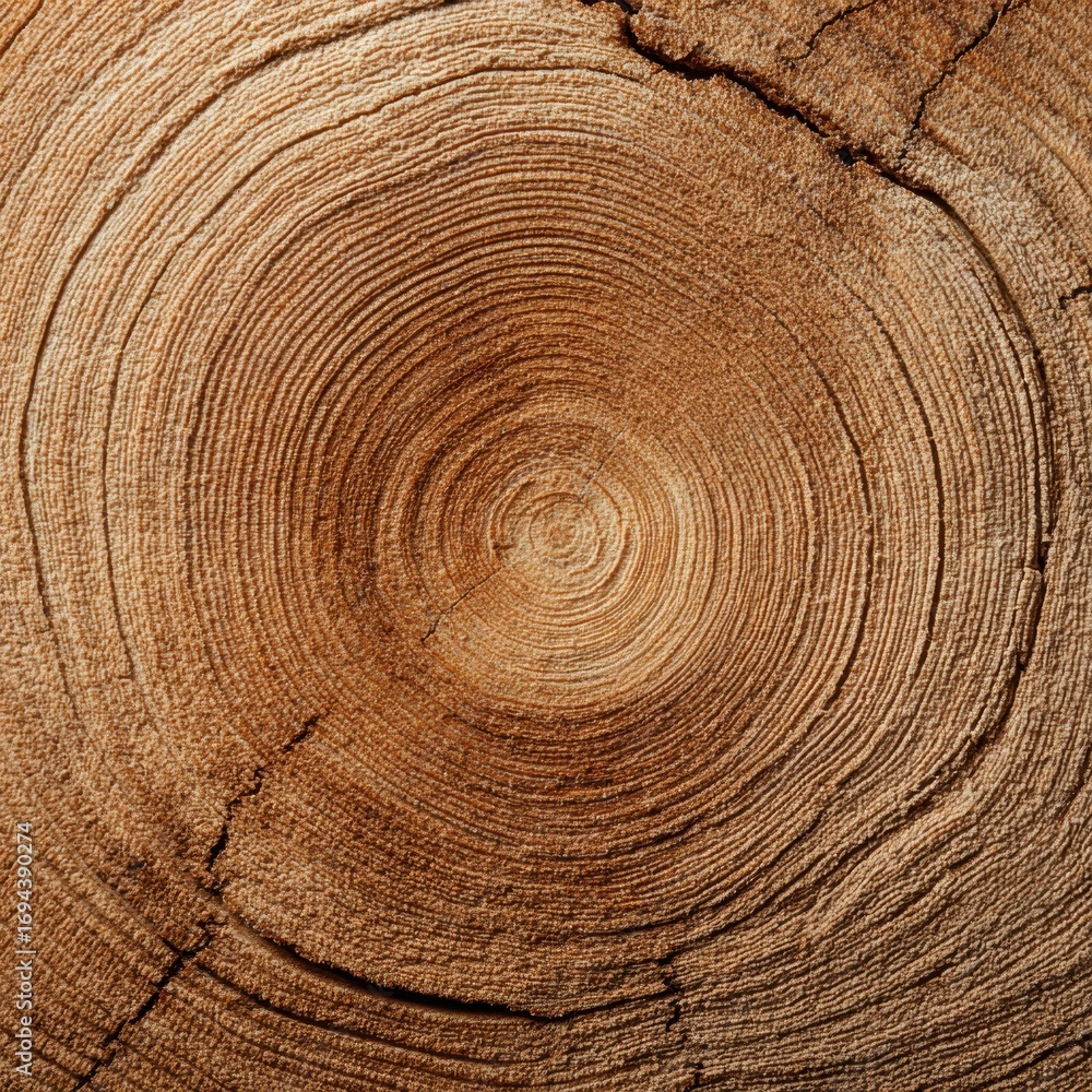 Naklejka premium Natural tree ring cross-section displaying annual growth patterns with authentic wood grain texture, perfect for sustainable materials and craftsmanship design concept.