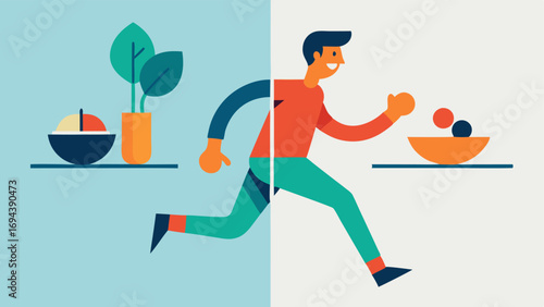 Exercise and Nutrition Balance A split illustration with one side showing a patient jogging and the other side depicting a balanced meal promoting the idea of combining exercise