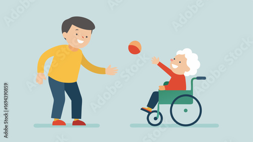 Game of Catch A senior sitting in a wheelchair tossing a beach ball to a young child both of them laughing and enjoying the playful moment.