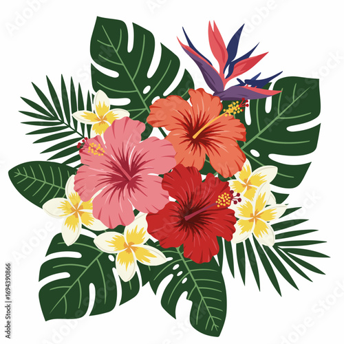 Vibrant tropical flowers and leaves, perfect for summer designs and vacation themes