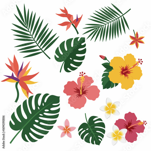 Vibrant tropical flowers and lush leaves for elegant design projects and summer themes
