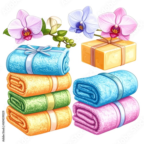 Colorful towels and orchids, gift