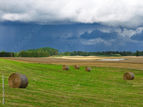 A storm is approaching over the fields, where hay bales are arranged on the fresh green grass. Dark clouds create a dramatic contrast with the peaceful countryside.