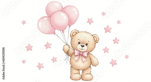 Adorable teddy bear with pink bow tie holding pink balloons surrounded by stars on a white background. Perfect for baby showers.