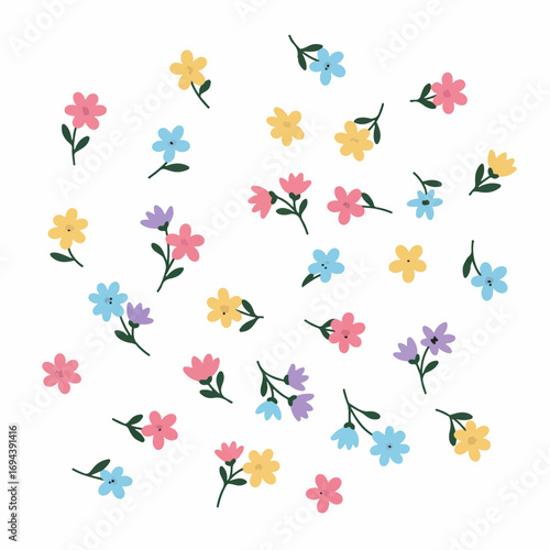 A scattered pattern of small, colorful flowers on a white background.
