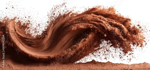Brown powder in a dynamic, swirling motion against a white background
