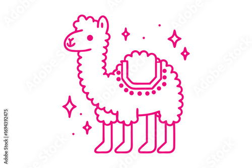 Pink fluffy llama standing under sparkling stars displays an adorable iconlike shape
