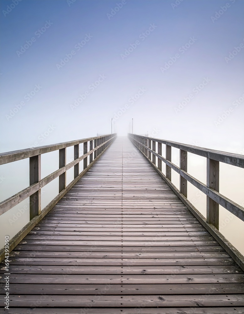 Obraz premium Wooden pier extending into a foggy landscape