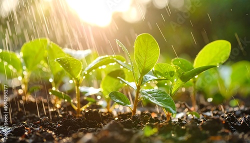 Young plants watered by sunlit rain