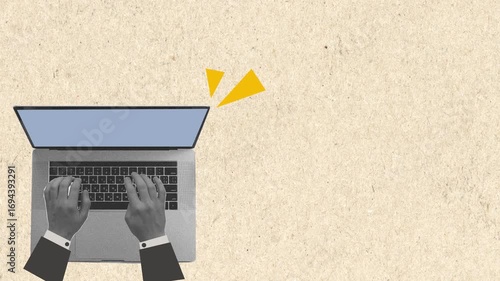 Animated Hands on the keyboard. Modern collage with halftone hands and laptop. 
