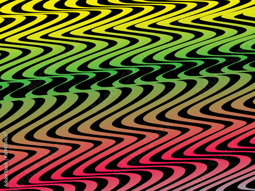 The wave pattern background is a vertical wavy line pattern with bright neon color gradations, creating a dynamic flowing effect on a deep black background.