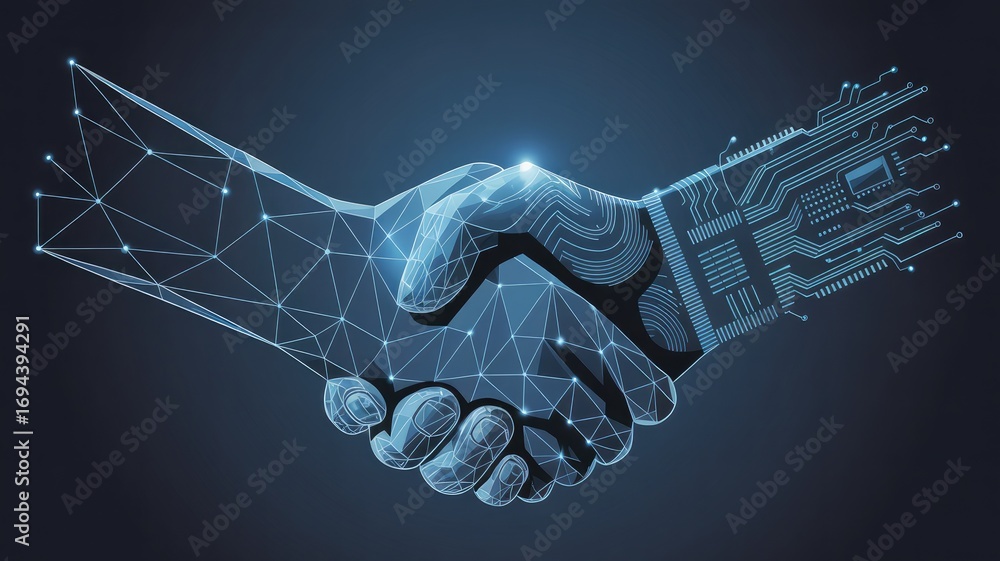 Obraz premium Futuristic handshake representing artificial intelligence and human collaboration in a digital world
