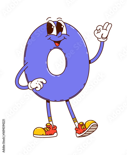 Cartoon groovy math number zero character. Isolated vector funny school numeral 0 education personage featuring cute, playful smiling face and bright purple color, ready for children arithmetic games