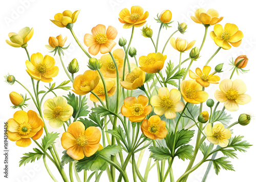 Wallpaper Mural Watercolor painting of vibrant yellow buttercup blossoms, botanical illustration, cheerful spring floral arrangement, isolated on white background. Torontodigital.ca