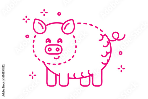 Pink line art reveals a cartoon pig with a curly tail smiling softly