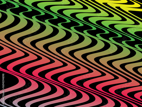 The wave pattern background is a vertical wavy line pattern with bright neon color gradations, creating a dynamic flowing effect on a deep black background.