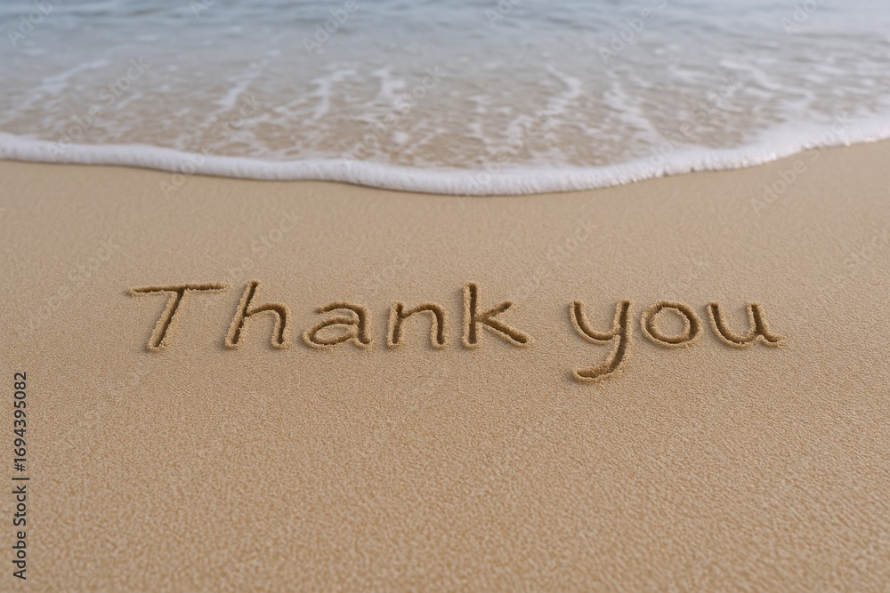 Fototapeta premium Thank you message written in sand on beach with ocean wave approaching shoreline