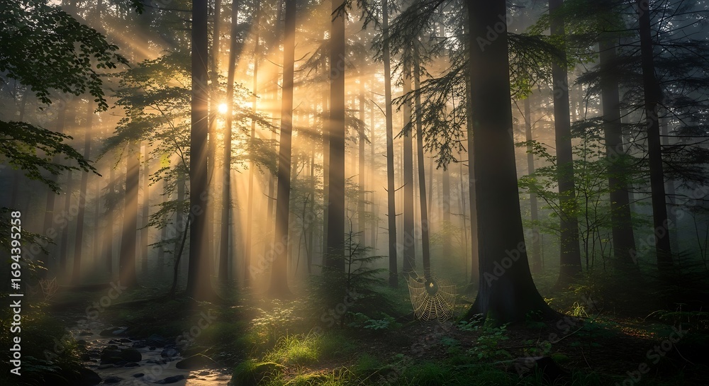 Fototapeta premium Sunbeams Forest Misty Stream.