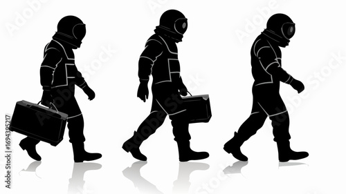 Three astronauts in black suits walking with briefcases in a line on a white reflective surface | editable eps vectors silhouette