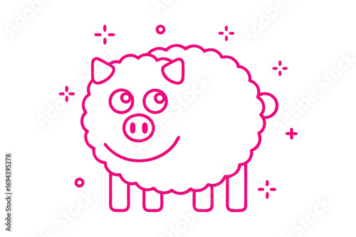 Pink line art shows a smiling piglike creature with fluffy wool and sparkling accents