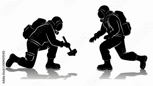 Two figures in protective suits with backpacks one holding a tool kneeling on a reflective surface | editable eps vectors silhouette