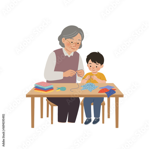 Grandmother Teaching Grandson Sewing Skills.