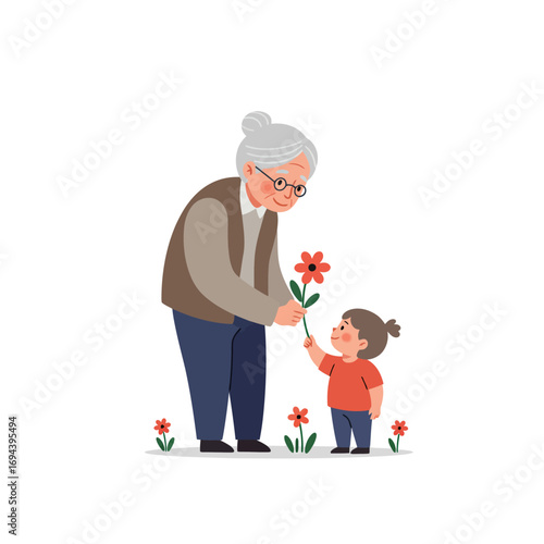 Grandmother giving a flower to a child.