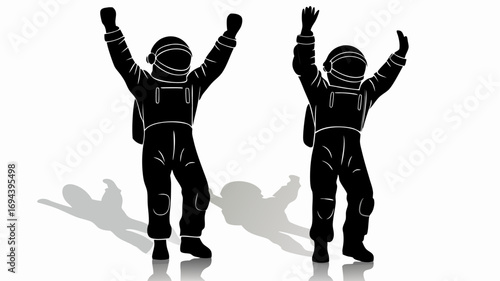 Two astronauts in black silhouette with arms raised in celebration on a white background with shadows | editable eps vectors