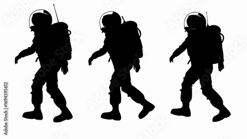 Three astronauts in silhouette walking forward with backpacks and helmets on a white background view | editable eps vectors
