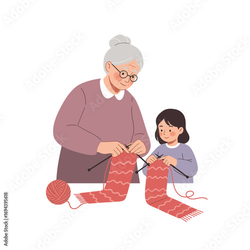 Grandmother teaching granddaughter knitting.