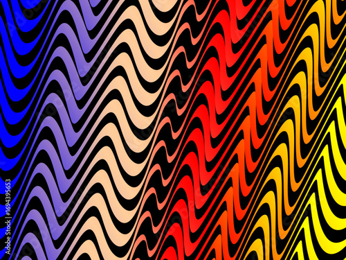 The wave pattern background is a vertical wavy line pattern with bright neon color gradations, creating a dynamic flowing effect on a deep black background.