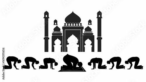 Silhouette of people praying in front of a mosque with minarets and domes in black and white style | editable eps vectors