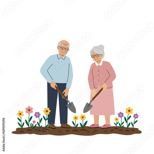 Elderly Couple Gardening Together.