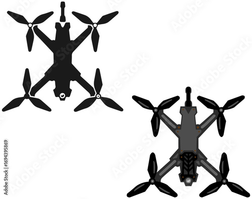 Two FPV drone icons in the form of a silhouette in black and gray colors.