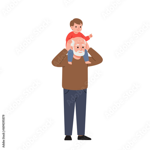Grandfather carrying his grandson on his shoulders.