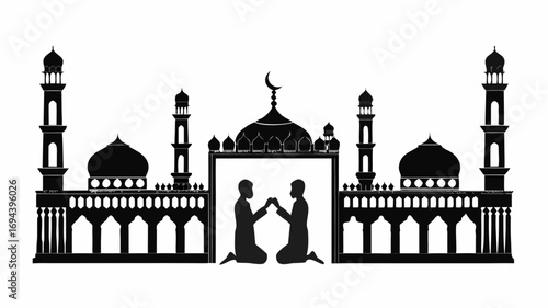 Silhouette of mosque with minarets and two figures kneeling in prayer inside the entrance archway | editable eps vectors
