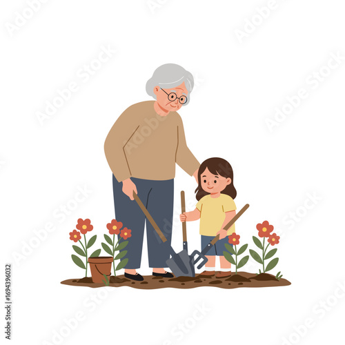 Grandmother and Grandchild Gardening Together.