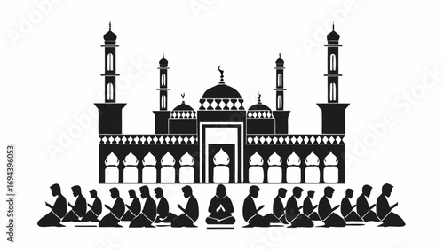 Silhouette illustration of a mosque with minarets and people praying in front of the building in black and white | editable eps vectors