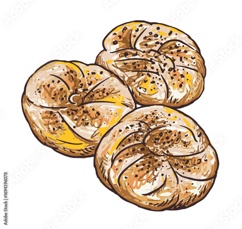 Buns three sweet soft fresh pastries, dessert, flour high-calorie tasty food, bakery, cafe, sketch, realistic hand drawing, vector illustration