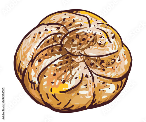 One bun sweet soft fresh pastry, dessert, flour high-calorie tasty food, bakery, cafe, sketch, realistic hand drawing, vector illustration
