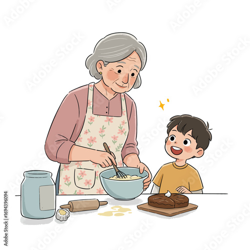 Grandmother and Grandson Baking a Cake Together.